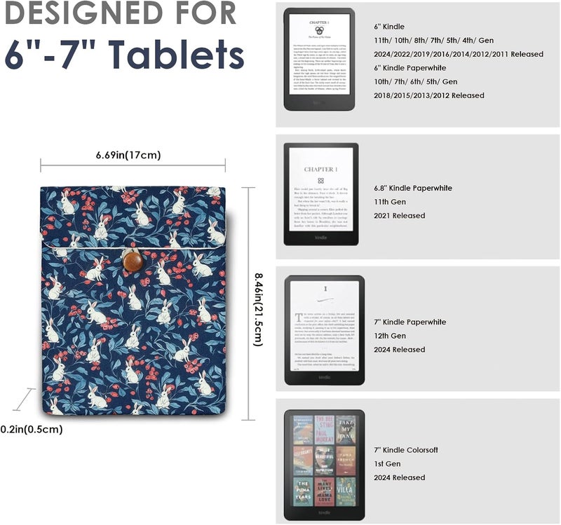 Clezolraa 6-7 inch Kindle Sleeve Pouch for 6.8"-7" Kindle Paperwhite 2024, 6" Kindle 2024/2022, Colorsoft, Oasis, Cotton-Padded Envelope Sleeve Case with Stylish Printed for Most E-Readers, Blue - Image 2